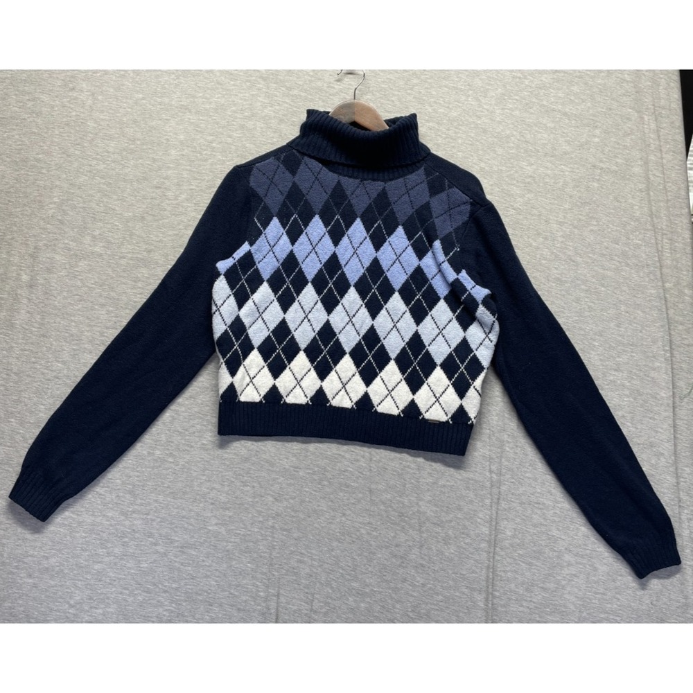 Hollister Cropped Turtleneck Sweater Womens Large Navy Blue Multi Argyle Diamond